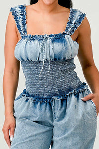 Chambray Charm Ruffled Jumpsuit | ESTIMATED SHIPPING DATE (04/30/2024) - ATHINA