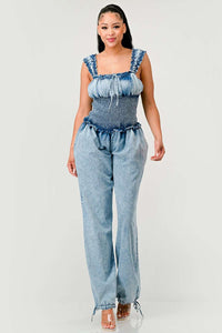 Chambray Charm Ruffled Jumpsuit | ESTIMATED SHIPPING DATE (04/30/2024) - ATHINA