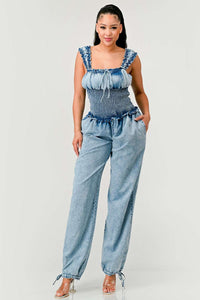 Chambray Charm Ruffled Jumpsuit | ESTIMATED SHIPPING DATE (04/30/2024) - ATHINA