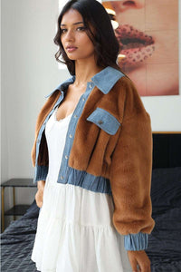  Contrast cropped faux fur denim jacket