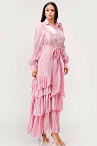 Elegant Pink Ruffled Maxi Dress: This elegant pink maxi dress is designed with tiered ruffles on the skirt, long puff sleeves, and a collared neckline. The dress includes a fabric belt to cinch the waist.