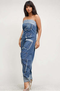 Denim Patchwork Bandeau Jumpsuit | ETIMATED SHIPPING DATE (05/10/2024) - ATHINA