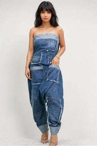 Denim Patchwork Bandeau Jumpsuit | ETIMATED SHIPPING DATE (05/10/2024) - ATHINA