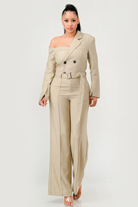 Introducing the "Savannah Elegance Trench Jumpsuit," a masterpiece that fuses the iconic trench coat design with the fluidity of a jumpsuit. This unique piece features a dignified sand hue, encapsulating the serenity of a Savannah sunset.