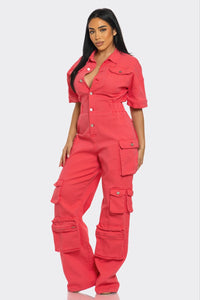 Retro Denim Cargo Jumpsuit - ATHINA