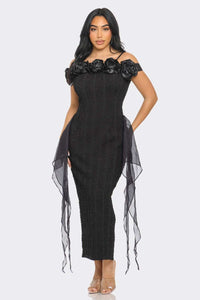 Elegant off-shoulder black midi dress with rose appliques and side tulle accents