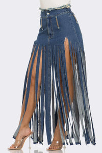 Bohemian Rhapsody Fringe Denim Skirt | ESTIMATED SHIPPING DATE (05/15/2024) - ATHINA