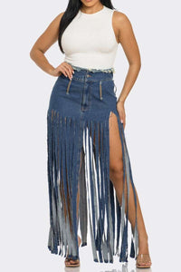 Bohemian Rhapsody Fringe Denim Skirt | ESTIMATED SHIPPING DATE (05/15/2024) - ATHINA