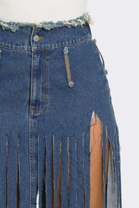 Bohemian Rhapsody Fringe Denim Skirt | ESTIMATED SHIPPING DATE (05/15/2024) - ATHINA