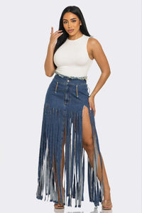 Bohemian Rhapsody Fringe Denim Skirt | ESTIMATED SHIPPING DATE (05/15/2024) - ATHINA