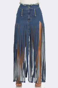 Bohemian Rhapsody Fringe Denim Skirt | ESTIMATED SHIPPING DATE (05/15/2024) - ATHINA