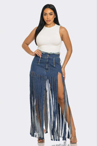 Bohemian Rhapsody Fringe Denim Skirt | ESTIMATED SHIPPING DATE (05/15/2024) - ATHINA