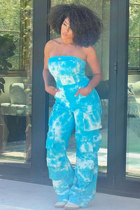 Blue Tie Dye Strapless Utility Jumpsuit | ESTIMATED SHIPPING DATE (05/31/2024) - ATHINA