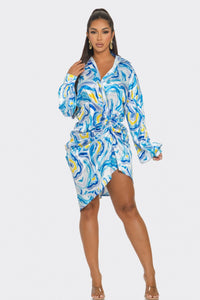 Wave Print Satin Shirt Dress | ESTIMATED SHIPPING DATE (07/26/2024) - ATHINA