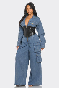 Denim Cargo Jumpsuit with Faux Leather Corset