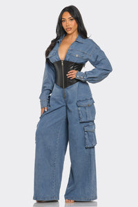 Denim Cargo Jumpsuit with Faux Leather Corset